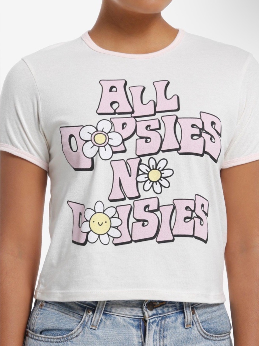 Hot Topic Oopsies No Daisies Girls Ringer Baby T-Shirt By Goodie Two Sleeves L